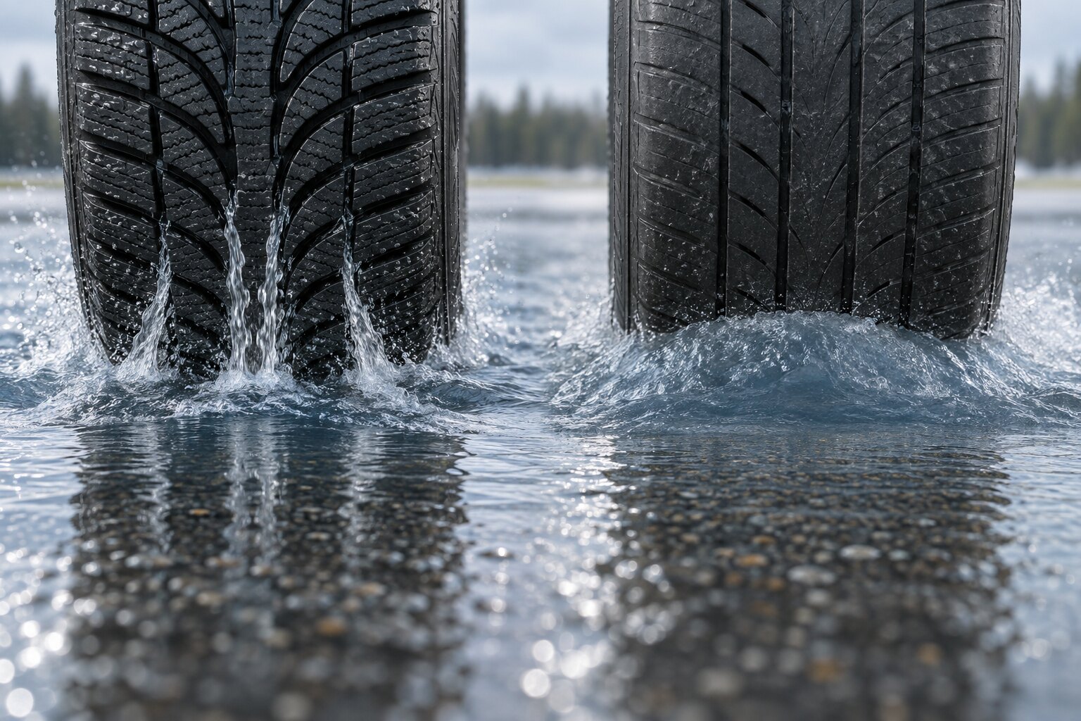 Deep and shallow tyre tread moving through standing water side by side